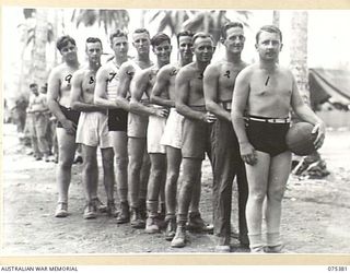 MILILAT, NEW GUINEA. 1944-08-20. PERSONNEL OF HEADQUARTERS, 5TH DIVISION BASKETBALL TEAM WHICH IS TO PLAY A TEAM FROM THE HMAS "MANOORA" DURING THE INTER-UNIT SPORTS MEETING. IDENTIFIED PERSONNEL ..