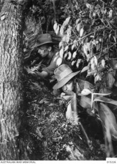 Wau-Mubo Area, along the Mubo - two members of a patrol, possibly the 2/6th Battalion. Identified, left to right: VX10105 Private (Pte) Edward Witton, of Sunbury, Vic, and Pte J Middleton, of ..