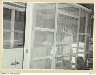 TOROKINA, BOUGAINVILLE. 1945-04-19. THE FLY-PROOF SECTION WHICH HOUSES THE ICE CREAM PLANT AT THE 2/1 GENERAL HOSPITAL