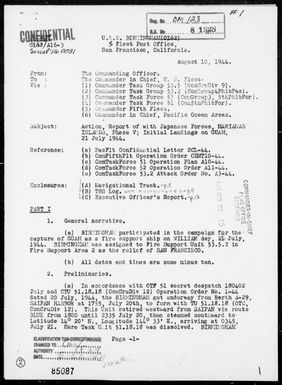 USS BIRMINGHAM - Report of Fire Support Delivered During the Initial Landings on Guam Island, Marianas on 7/21/44
