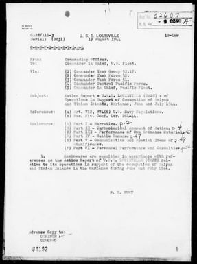 USS LOUISVILLE - Report of Operations in Support of Occupation of Saipan and Tinian Islands, Marianas - June and July 1944