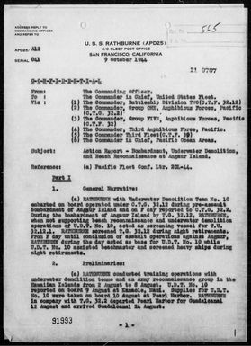 USS Rathburne - Rep of Bombardment, Underwater Demolition & Beach Reconnaissance of Angaur Is, Palau Is, 9/11-18/44