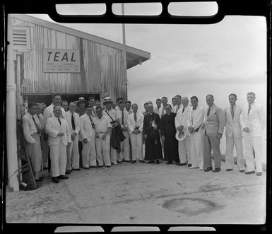 Passengers from the TEAL (Tasman Empire Airways Limited) courtesy flight, Samoa, including two unidentified priests