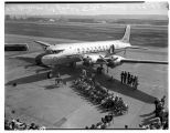 Ceremonies for Northwest Airlines' first flight to Asia, April 14, 1947