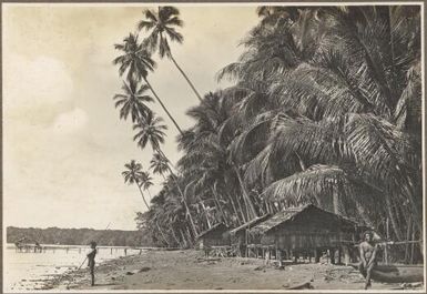 Scenes around Wanigella [Wanigela], [huts on the beach, man with a spear standing at the water's edge] / Frank Hurley