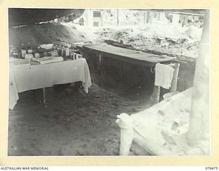 TAGESSI, BOUGAINVILLE ISLAND. 1945-01-17. THE INTERIOR OF THE RESUSCITATION TENT OF THE ADVANCED DRESSING STATION, 7TH FIELD AMBULANCE