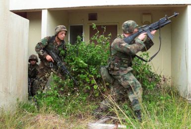 Armed with M16A2 service rifles, Marines from 31st Marine Expeditionary Unit (MEU), 2nd Battalion, 4th Marines, Fox Company, 3rd Platoon conduct Military Operations in Urban Terrain (MOUT) at an abandoned housing unit on Anderson Air Force Base (AFB), Guam in support of Exercise TANDEM THRUST 2003