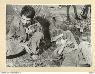 1943-06-15. NEW GUINEA. JAPANESE WOUNDED IN NEW GUINEA WAITING TO BE TAKEN TO AN ALLIED DRESSING STATION. (NEGATIVE BY G. SILK)