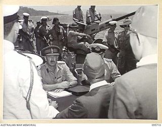 AT SEA OFF RABAUL, NEW BRITAIN. 1945-09-04. PRE- SURRENDER DISCUSSIONS ABOARD HMAS VENDETTA AT A SEA RENDEZVOUS OFF RABAUL BETWEEN REPRESENTATIVES OF LIEUTENANT GENERAL V.A.H. STURDEE, GENERAL ..