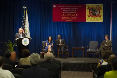 Asian American and Pacific Islanders (AAPI) Heritage event at HUD headquarters, with Hawaii Senator Daniel Inouye and Washington, D.C. television news anchor Eun Yang [among the guest speakers,] and Secretary Shaun Donovan and Deputy Secretary Ron Sims [among the HUD senior officials on hand]