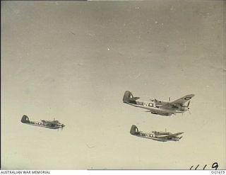 WEWAK AREA, NORTH EAST NEW GUINEA. C. 1944-10. AIRCRAFT OF NO. 8 (BEAUFORT) SQUADRON RAAF, CODE NAME UV-E, UV-S, UV-W, WING THEIR WAY HOME AFTER DROPPING BOMBS ON AN ENEMY TARGET NEAR WEWAK