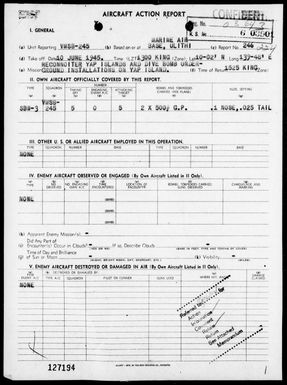 VMSB-245 - ACA Report # 246 â Reconnaissance & bombing of targets in the Yap Area, Carolines on 6/9/45