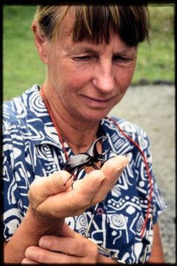 Viv Whitaker with rhinoceros beetle