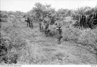 HANSA BAY, NEW GUINEA. 1944-06-21. TROOPS OF THE 4TH INFANTRY BATTALION MOVING OUT ON PATROL THROUGH AN AREA RECENTLY OCCUPIED BY THE JAPANESE FORCES. AT THE REAR OF THE PATROL ONE MEMBER CAN BE ..