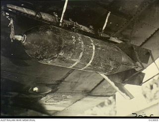 TADJI, NORTH EAST NEW GUINEA. C. 1945-06. A JAPANESE 100KG BOMB ON THE BOMB RACK OF AN RAAF BEAUFORT BOMBER AIRCRAFT READY TO BE RETURNED TO THE NIPS ON WEWAK. A LARGE NUMBER OF SUCH BOMBS WERE ..