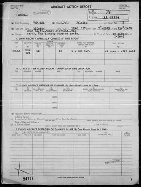 VMF-121 - ACA Form Rep #2-Rep of Bombing & Strafing Gagil-Tomil Airfield & Surface Craft, Yap Is, Carolines, 10/31/44