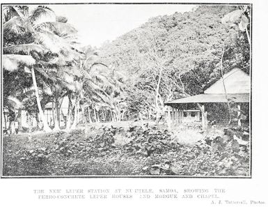 The new leper station at Nuutele, Samoa, showing the Ferro-concrete leper houses and morgue and chapel