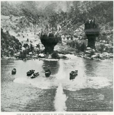 Scene of one of the latest landings in New Guinea: Hollandia village under air attack