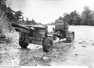 DANMAP RIVER, NEW GUINEA. 1945-01-26. A MEMBER OF THE 3RD BATTERY, 2/2ND FIELD REGIMENT USING A SMALL CATERPILLAR TRACTOR TO HAUL "ACHILLES", ONE OF THE UNIT 25 POUNDERS ACROSS A SHALLOW SECTION OF ..