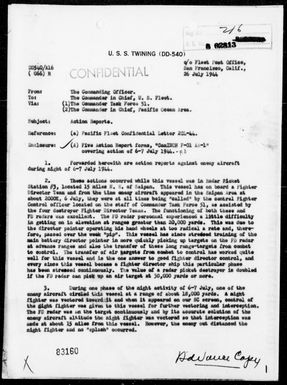 USS TWINING - AA Action Report, Night of 7/6-7/44 Northwest of Saipan Is, Marianas