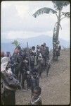 Pig festival, singsing, Tsembaga: Aundagai women, some with shell valuables, and children by dance ground