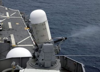 The U.S. Navy Tarawa Class Amphibious Assault Ship USS SAIPAN (LHA 2) test fires its close-in weapons system while transiting across the Atlantic Ocean on Aug. 17, 2006. SAIPAN is currently underway on a routine deployment in support of the Global War On Terrorism. (U.S. Navy photo by Mass communication SPECIALIST SEAMAN Patrick W. Mullen III) (Released)