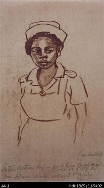 Sister Esther Vagi fr Solomon Is, working at Pt Moresby Clinic (gained Queen Elizabeth badge - IC & MH certificates)