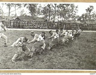 NEW GUINEA. 1943-11-20. 2/9TH AUSTRALIAN INFANTRY BATTALION TUG OF WAR TEAM WINNING THEIR HEAT IN THE CONTEST AGAINST THE 2/5TH AUSTRALIAN FIELD AMBULANCE AT THE CHAMPIONSHIP SPORTS MEETING ..