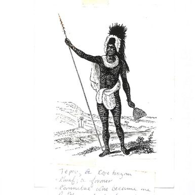 Photo of a man with  handwritten note 'Tepou, A Rarotongan chief; a former cannibal who became one of the earliest converts (Gill 1894: 347)'