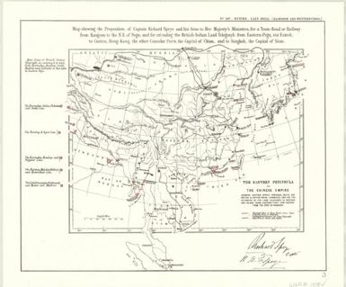 Maps, India, Pakistan & Burma, 1831-1894 : [maps in the British parliamentary papers]: Map shewing the Proposition, of Captain Richard Sprye and his Sons to Her Majesty�s Ministers, for a Tram-Road or Railway from Rangoon to the N.E. of Pegu: and for extending the British-Indian Land Telegraph from Eastern-Pegu, via Esmok, to Canton, Hong-Kong, and other Consular Ports, the Capital of China, and to Bangkok, the Capital of Siam. (Sheet [3])