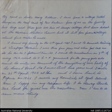 Hand-written biographical notes by Sister Mary Balbina