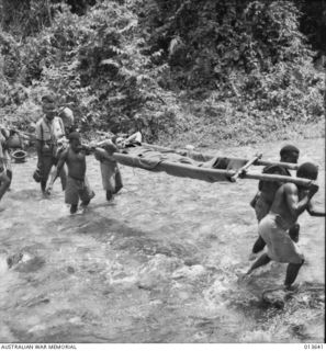 1942-11-23. NEW GUINEA. KOKODA TRACK. WOUNDED BEING BROUGHT IN BY NATIVE BEARERS. (NEGATIVE BY G. SILK)