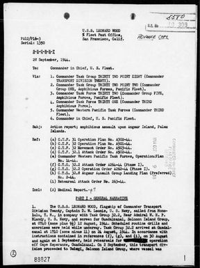 Leonard Wood - Rep of Amphibious Assault Upon Angaur Is, Palau Is, 9/15-27/44