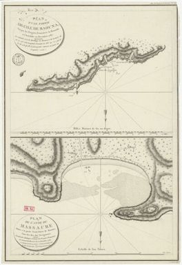 Plan of part of the island of Maouna, seen by the French frigates the Compass and the Astrolabe in December 1787; Plan of the handle of the Massacre located at the Northwest part of Maouna, one of the islands of the navigators/L. Aubert Script.