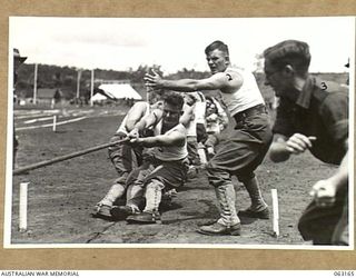 DONADABU, PAPUA, NEW GUINEA. 1944-01-01. MEMBERS OF THE TUG-OF-WAR TEAM OF THE 57/60TH INFANTRY BATTALION COMPETING IN THE FINAL AGAINST THE TRAM FROM THE 15TH FIELD AMBULANCE AT THE 15TH INFANTRY ..