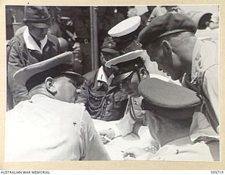 AT SEA OFF RABAUL, NEW BRITAIN. 1945-09-04. PRE- SURRENDER DISCUSSIONS ABOARD HMAS VENDETTA AT A SEA RENDEZVOUS OFF RABAUL BETWEEN REPRESENTATIVES OF LIEUTENANT GENERAL V.A.H. STURDEE, GENERAL ..