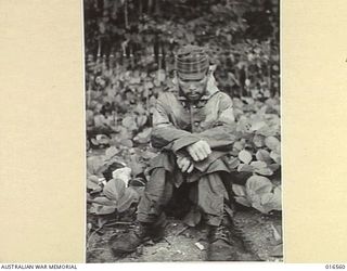 NEW GUINEA. 15 FEBRUARY 1944. A DESERTED JAPANESE SITS DISCONSOLATELY BESIDE THE TRACK AS HE WAITS TO BE TAKEN BACK TO A PRISON COMPOUND