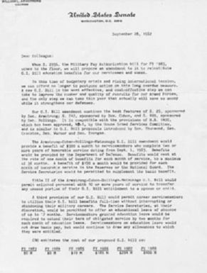 Letter to Colleagues from William L. Armstrong, et. al. regarding an amendment to the reinstate education benefits for servicemen and women