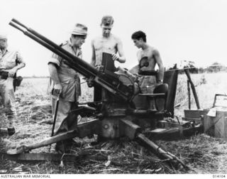 1943-01-14. GENERAL SIR THOMAS BLAMEY AND LIEUT. GENERAL EICHELBERGER INSPECTING A JAPANESE POM POM CAPTURED ON THE BUNA STRIP. THIS GUN WAS CAPTURED INTACT AND WAS BEING FIRED AT IT'S FORMER ..