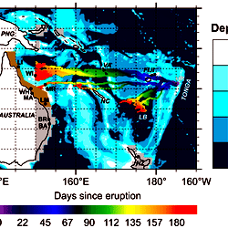 Trajectory map of the 2006–2007 pumice rafts, based on the integrated surface velocity field.