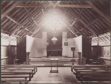 Interior of St. Bartholomew's church at Maravovo, Guadalcanar, Solomon Islands, 1906 / J.W. Beattie