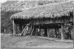 Fainjur: house on stilts, people under eaves