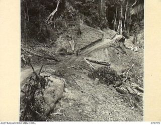 WAMPIT, NEW GUINEA, 1944-03-02. A SECTION OF THE WAU - LAE ROAD, THE JURISDICTION OF HEADQUARTERS, COMMANDER ROYAL ENGINEERS (A.I.F.). A ROAD RUNS TO THE RIGHT, AND THE BRIDGE CROSSES A CREEK IN ..