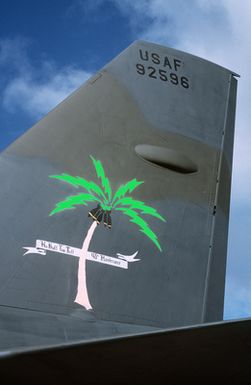 A view of the tail section of the 43rd Bombardment Wing B-52G Stratofortress aircraft known as "Darwin's Pride." The aircraft, which is being retired from US Air Force service, will be placed on display in a museum at the Royal Australian Air Force (RAAF) air command base in Darwin, Australia