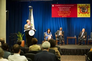 Asian American and Pacific Islanders (AAPI) Heritage event at HUD headquarters, with Hawaii Senator Daniel Inouye and Washington, D.C. television news anchor Eun Yang [among the guest speakers,] and Secretary Shaun Donovan and Deputy Secretary Ron Sims [among the HUD senior officials on hand]