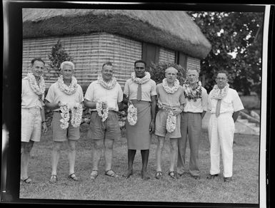 Guests with lei at the meke, Vuda village, Fiji