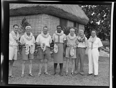 Guests with lei at the meke, Vuda village, Fiji