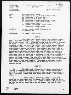 USS JAMES O'HARA - Rep of Transporting the 77th Army Division from Guam Is, Marianas to Leyte Is, Philippines, 11/3-23/44 & Attempted Enemy Suicide Crash Div off Leyte Is, Philippines 11/23/44