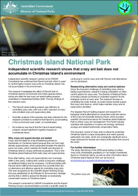 Christmas Island National Park - Idependent scientific research shows that crazy ant bait does not acccumulate in Christmas Island's environment