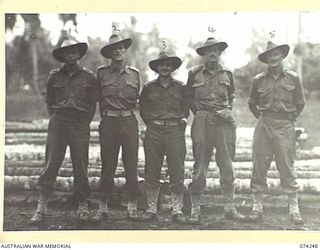 SIAR, NEW GUINEA. 1944-06-23. OFFICERS OF D COMPANY, 57/60TH INFANTRY BATTALION. THEY ARE:- QX34214 LIEUTENANT W.G. FOSTER (1); VX143867 LIEUTENANT R. LEBRETON (2); VX133031 CAPTAIN W.A. ROSS (3); ..